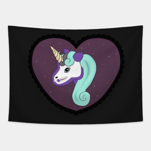 Sierra Sparkle- Skeleton Unicorn in Lace Heart Frame Tapestry by RSewell