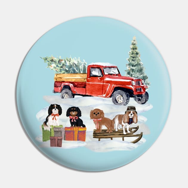 Winter Holiday Cavaliers with Red Truck Pin by Cavalier Gifts