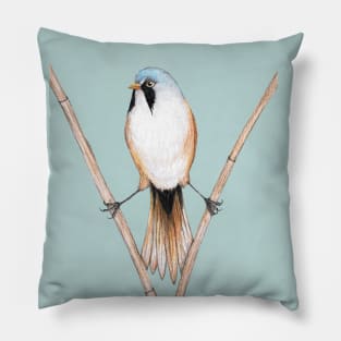 Bearded reedling pencil drawing Pillow