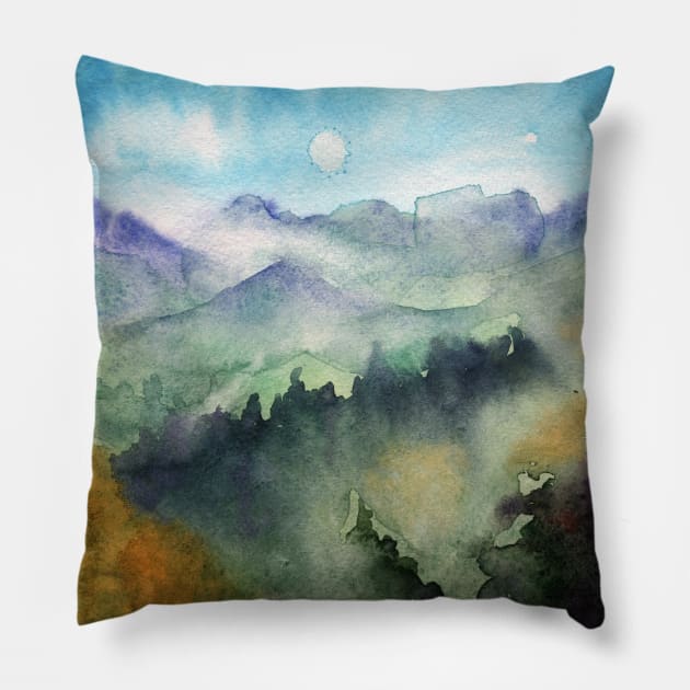 Watercolor landscape sky clouds Pillow by Olga Berlet