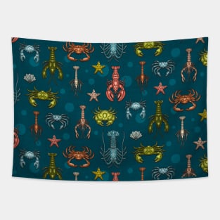 Crabs, Lobsters and Shrimps on Blue Pattern Tapestry