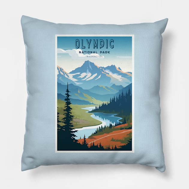 Olympic National Park Travel Poster Pillow by GreenMary Design