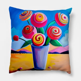 Cute Abstract Flowers in a Desert Mountain Landscape Pillow