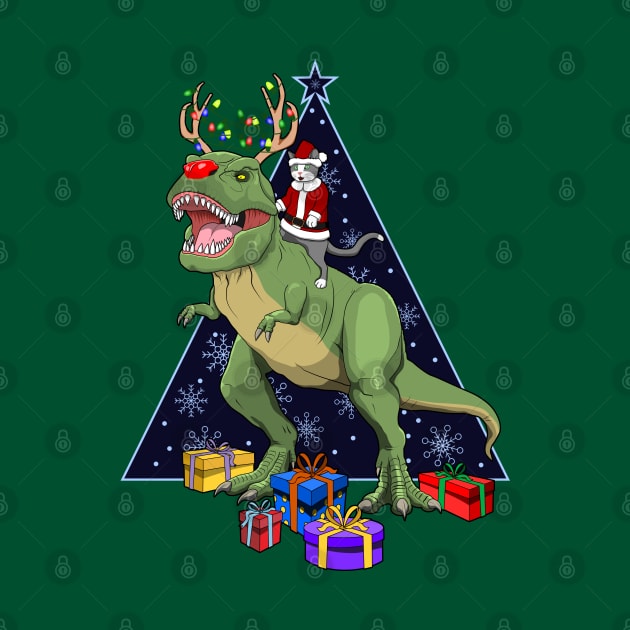 Santa Cat Riding Red Nosed T Rex Dinosaur Christmas by RongWay