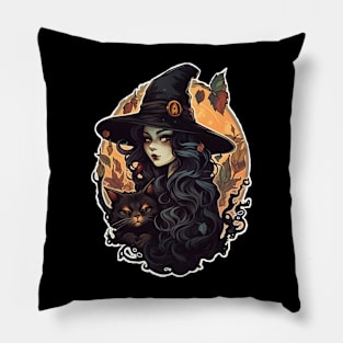 Witch with black cat fall Pillow