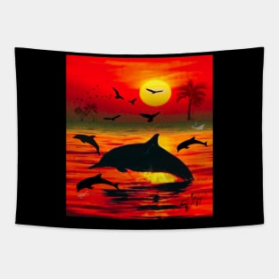 Dolphins And Birds At Sunset Tapestry