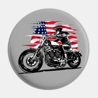 Woman biker on motorcycle with American flag Pin