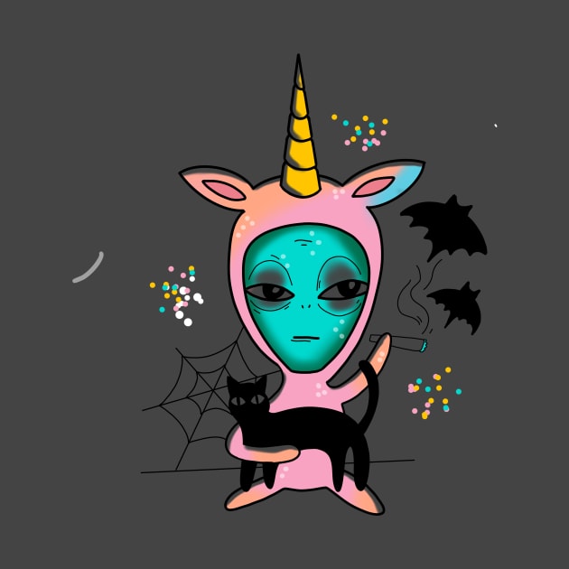 alien in a pink unicorn onesy holding a cat smoking a blunt cute gift by AnanasArt