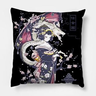 Japanese Girl With Dragon and Cats T-Shirt 01 Pillow