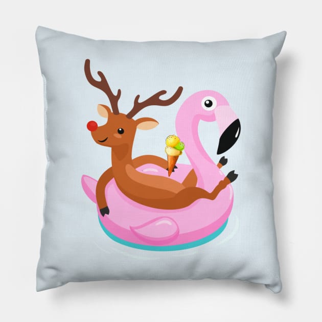 Cute reindeer relaxing in the swimming pool Pillow by Sticker deck