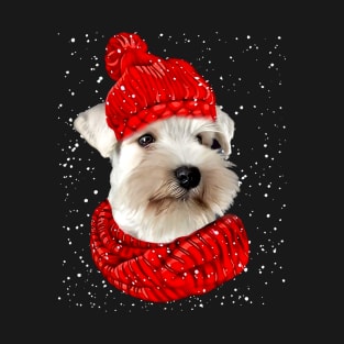 Miniature Schnauzer Wearing Red Hat And Scarf Christmas T-Shirt
