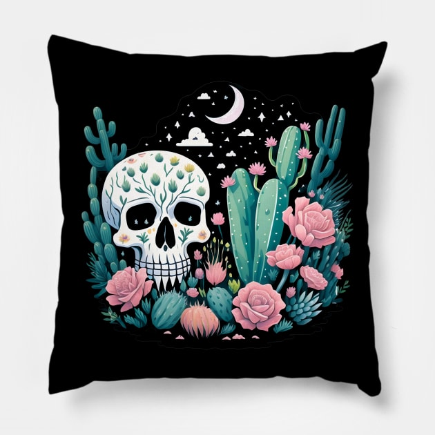 Cactus and Skull with Flowers Starry Night Moon and Stars Pillow by Shaymalily