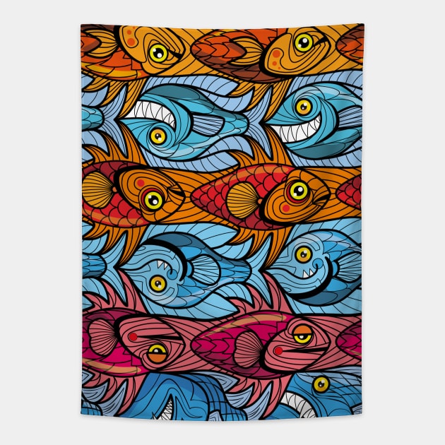 Fish tessellation escher style in red and blue Tapestry by Maxsomma