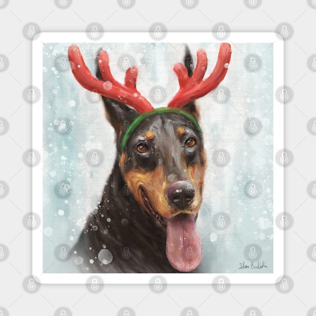 Painting of a Doberman with a Reindeer Headpiece Costume Magnet by ibadishi