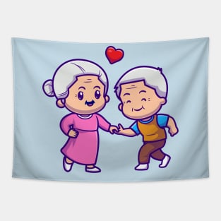 Cute Grandparents Couple Dancing Cartoon Tapestry