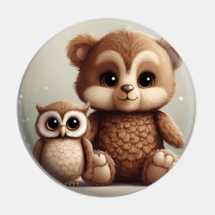 Teddy Bear and Baby Owl: Adorable Friends Pin