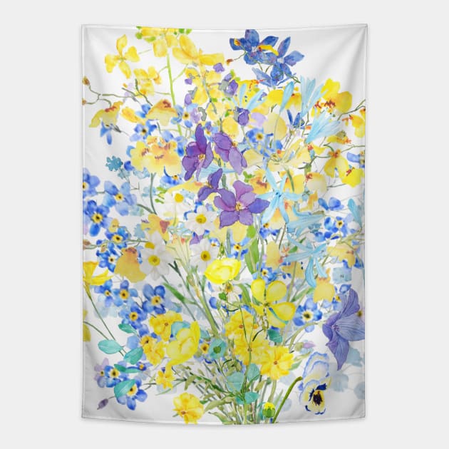 yellow blue purple flowers watercolor pattern Tapestry by colorandcolor