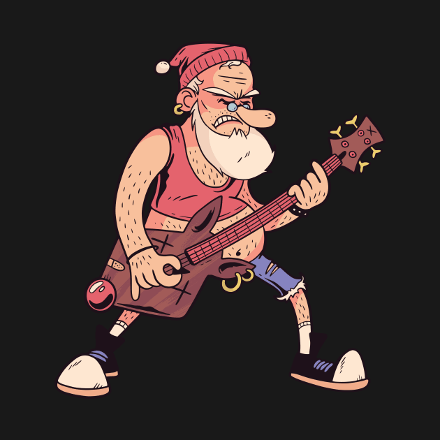 Funny Rock 'n Roll Santa Claus with Bass Guitar Cartoon by Now Boarding