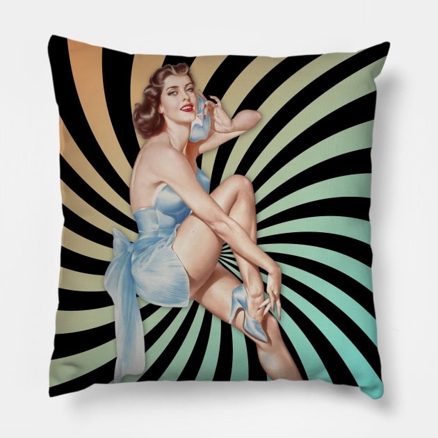 Retro Swirl Background Pin-up Girl with Phone Illustration Art Pillow by AdrianaHolmesArt