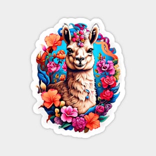 Llama in Floral Crown: A Serene Portrait Magnet