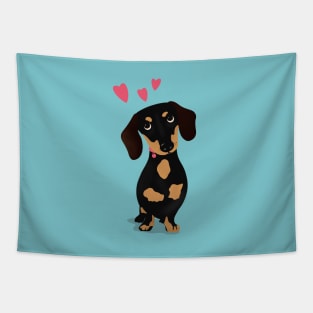 Cute Cartoon Dachshund with Three Pink Hearts Tapestry
