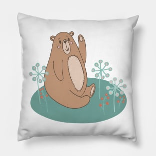 Cute teddybear sitting on the grass among flowers and berries Pillow