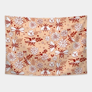 Blooming Flowers and Bees on Pink Tapestry