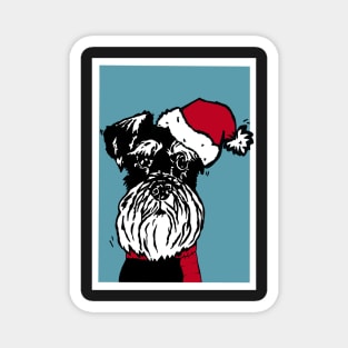 Miniature Schnauzer in Christmas Santa Hat and Red Woolly Scarf Linoprint Magnet