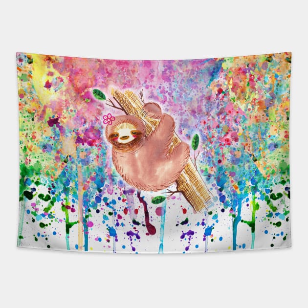 Girly Sloth Watercolor Rainbow Paint Drip Tapestry by saradaboru