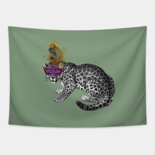 Mardi Gras Vintage Snow Leopard with Mask and Feather Tapestry