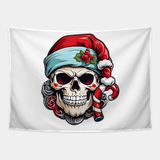 Santa Hat wearing Skull with Candy Canes Tapestry