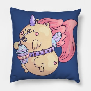 Unicorn kitten with boba tea Pillow