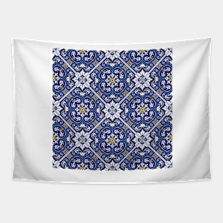 Barcelos Azulejo Tile Pattern // Blue & Gold, hand painted Tapestry