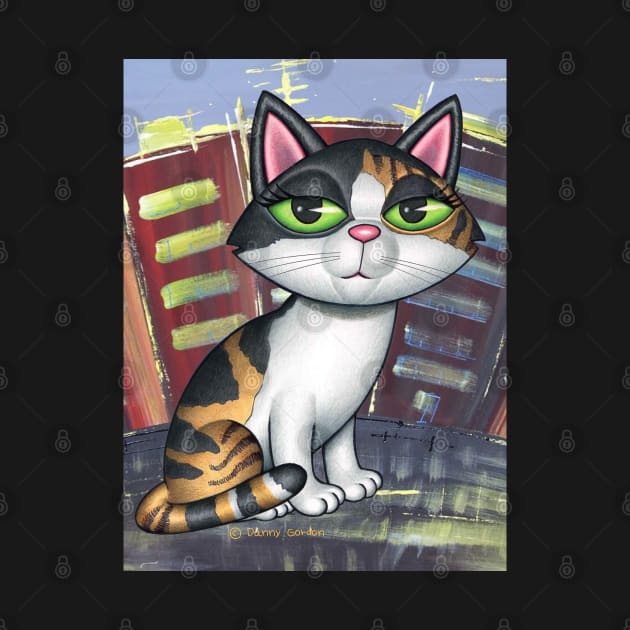 Beautiful Calico Kitty in front of buildings with colors by Danny Gordon Art