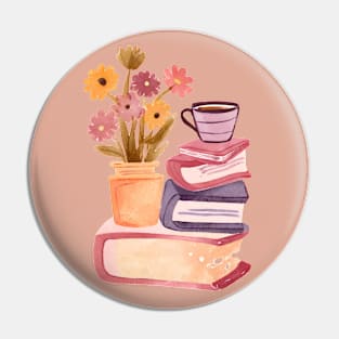 Cute Watercolor Books and Coffee and Flowers Pin