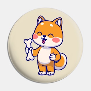 Cute Shiba Inu Dog Holding Bone Cartoon Pin