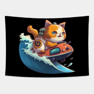 cat surfing with boat Tapestry