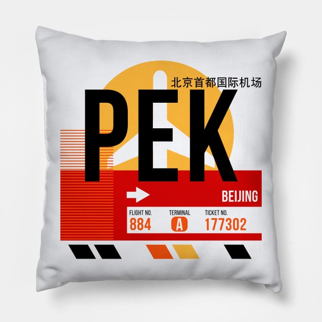 Beijing (PEK) Airport // Sunset Baggage Tag Pillow by Now Boarding