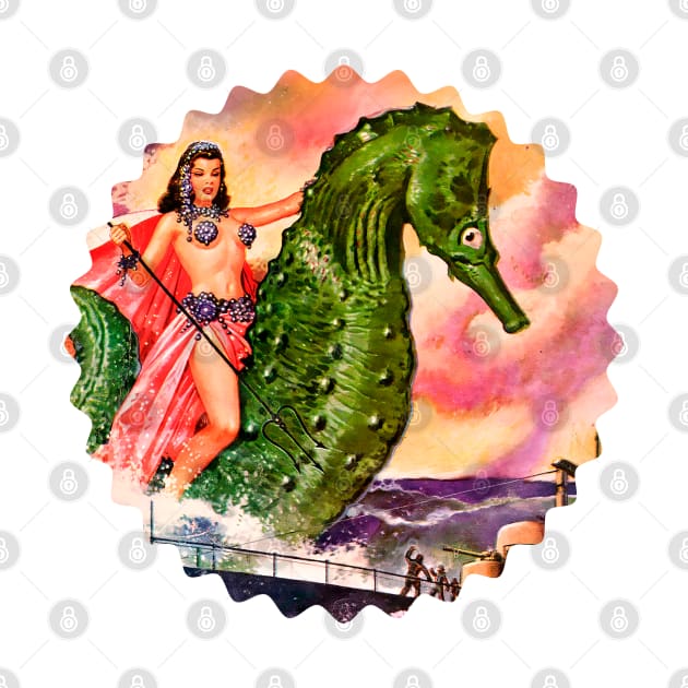 Woman Riding on Giant Seahorse Fantasy Girl Retro by REVISTANGO