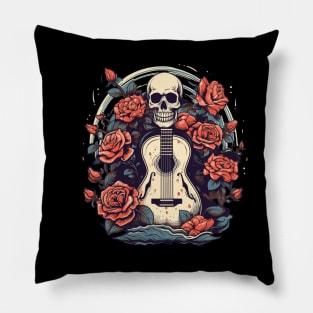 Skull with a Guitar and Flowers Pillow