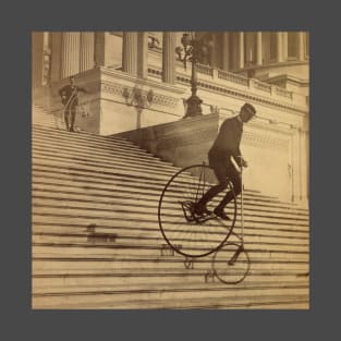 "A Perilous Ride" (original sepia) - man rides penny farthing bicycle down Capitol steps in Washington DC, 1884 - vintage photo, cleaned and restored T-Shirt