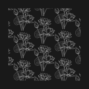 Lotus Blossom Line Art Black Background Pattern T-Shirt