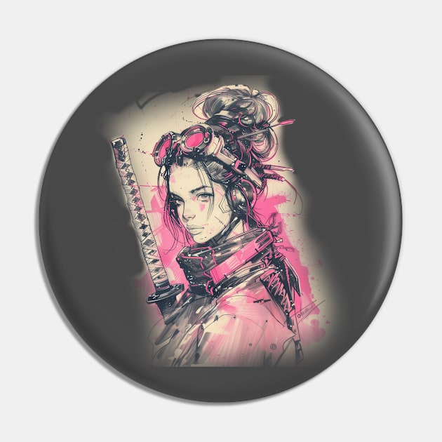 Samurai Girl Pink Cyber Sketch Art Pin by Vlaa