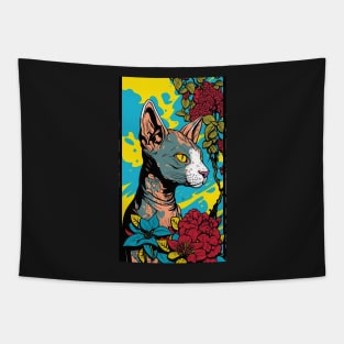 Sphynx Cat Vibrant Tropical Flower Tall Retro Vintage Digital Pop Art Portrait Tapestry