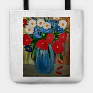 Some poppies and carnations flowers in a metallic blue vase Tote