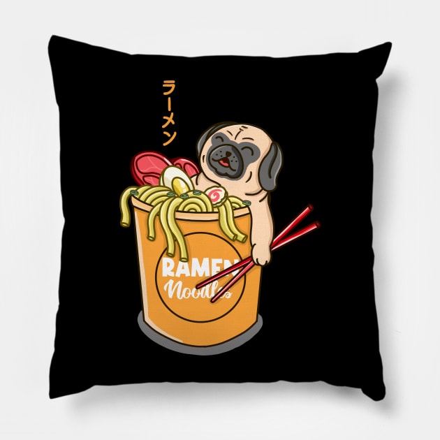 Pug Loves Ramen Noodles Pillow by Kimprut