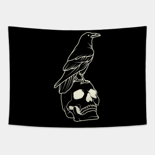 Skull And Raven Aesthetic Lineart Tapestry