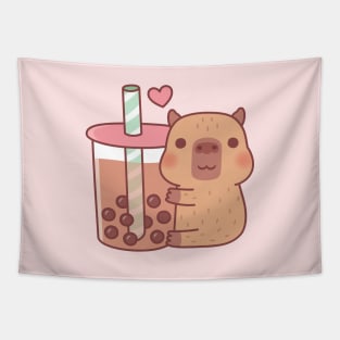Cute Little Capybara Hugs Bubble Tea Tapestry