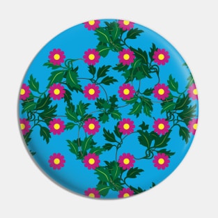 Cerise daisies with Yellow centres over layers of vine leaves on a Vibrant Blue background Pin