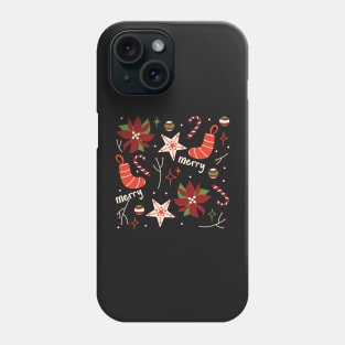 Retro Merry Christmas Vintage Aesthetic Pattern With Candy Canes, Poinsettia Flowers, Cookies, Decorations And Stars Phone Case